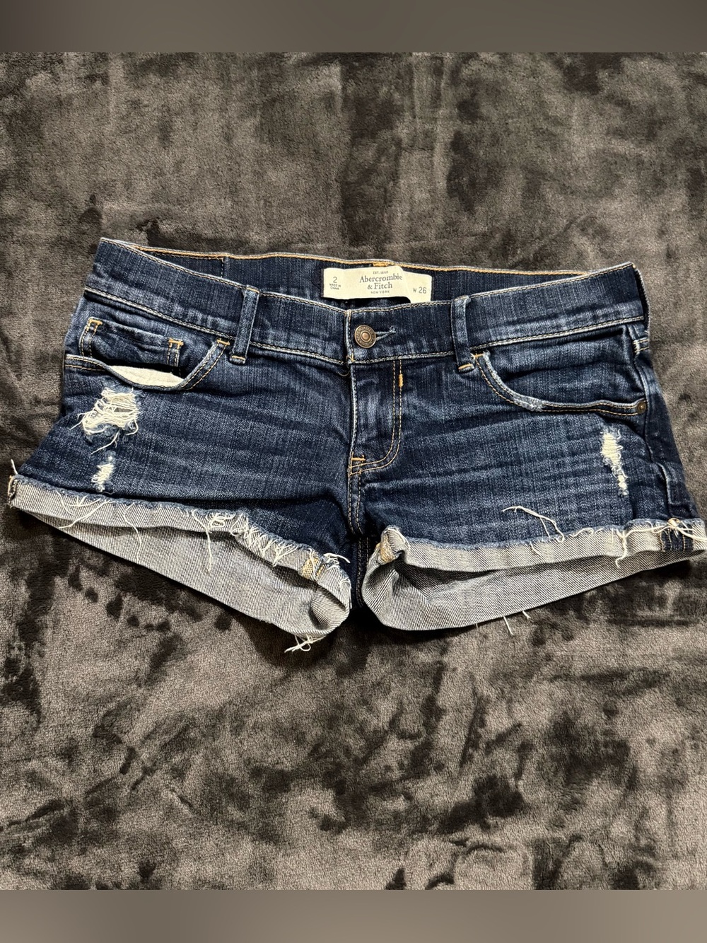 Abercrombie & Fitch Dark Blue Rolled Cuff Distressed Denim Shorts
